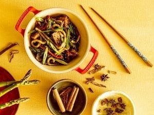 Glazed Udon Noodles with Tofu, Asparagus and Mushrooms