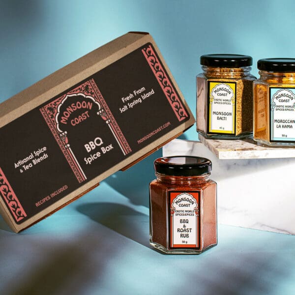 BBQ Spice Box show with jars - Monsoon Balti, Moroccan La Kama, and BBQ & Roast Rub