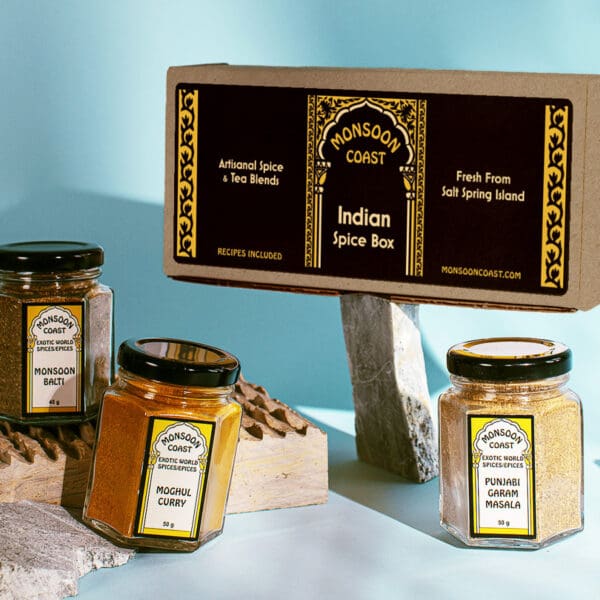 Indian Spice Box shown with jars - Monsoon Balti, Moghul Curry, and Punjabi Garam Masala
