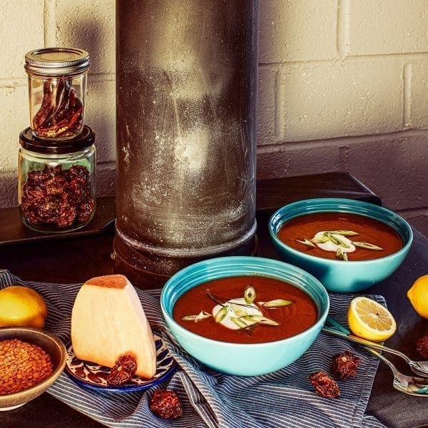 Fiery Red Lentil Yam Soup with yoghurt and chillis