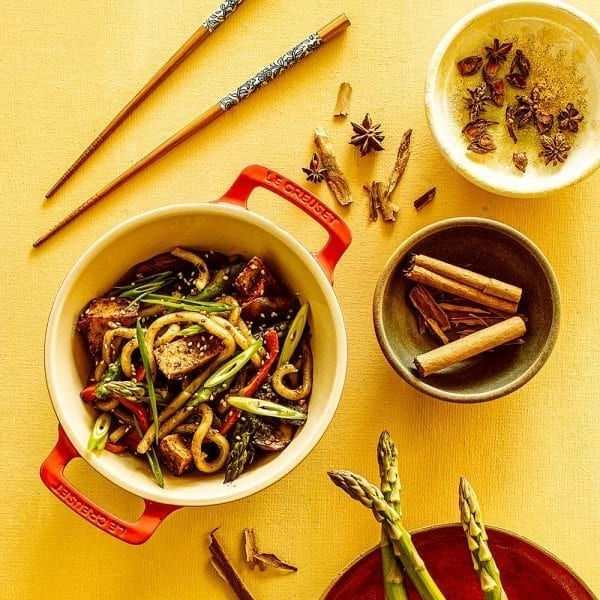 Glazed Udon Noodles with Tofu, Asparagus and Mushrooms